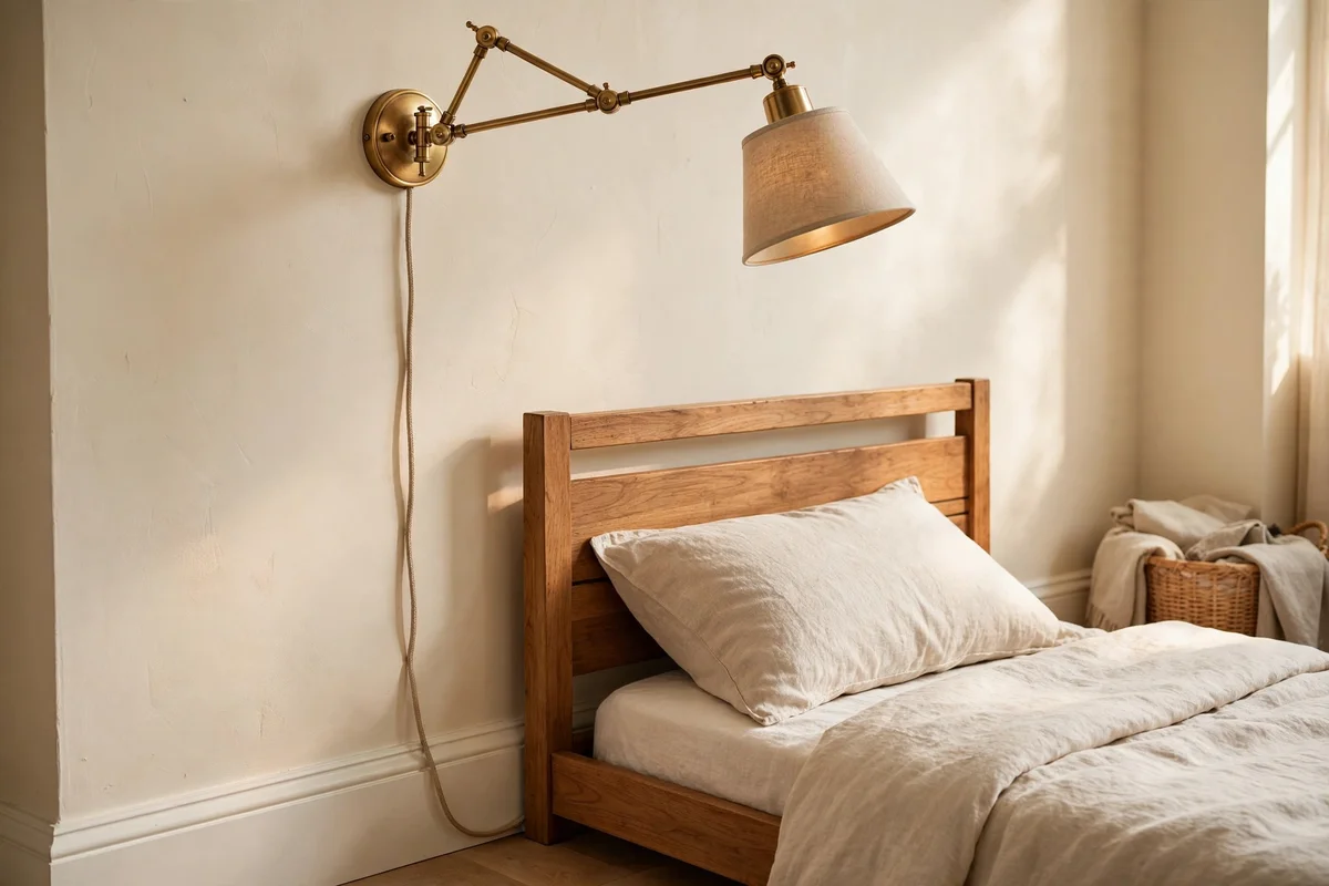Brass swing-arm wall lamp mounted beside a bed on the side without a nightstand