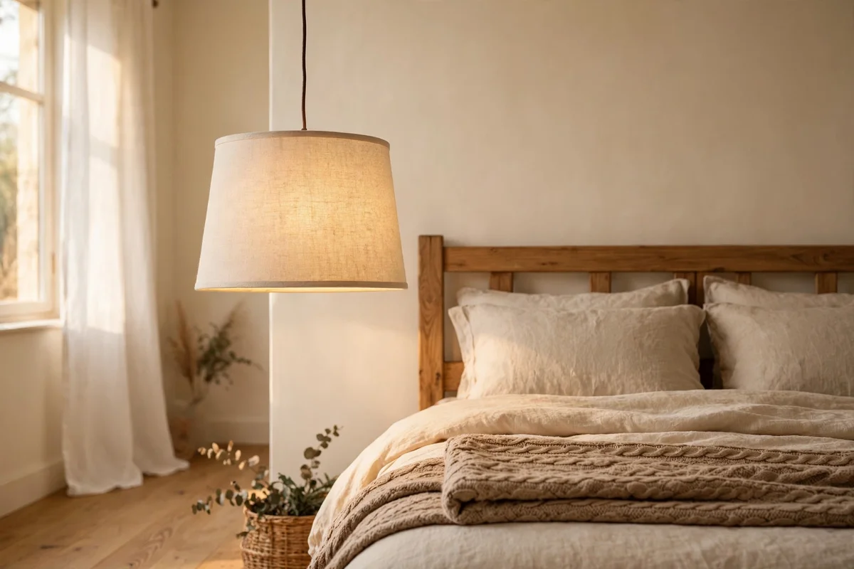 Fabric pendant lamp hung at reading height beside a bed with no nightstand