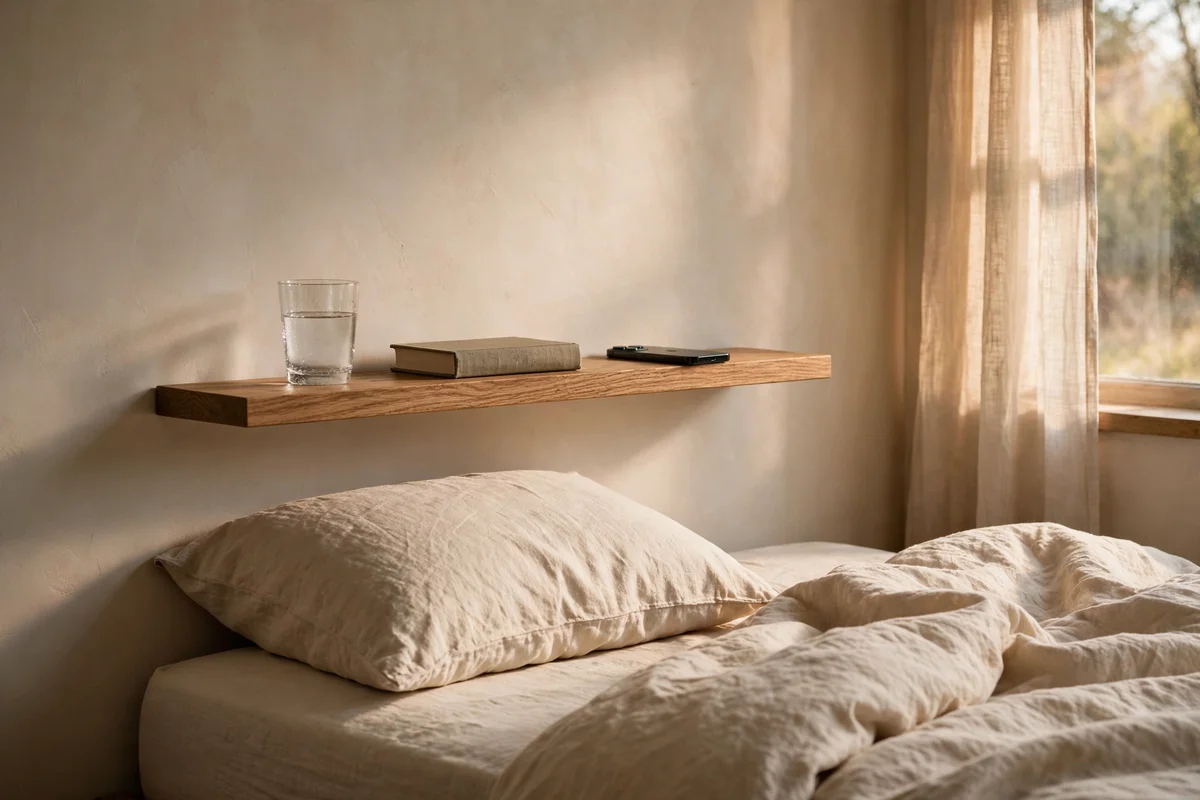 Narrow oak floating shelf beside a bed holding a water glass, book and phone