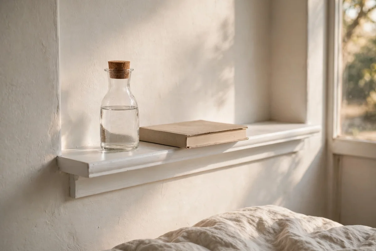 Painted picture ledge beside a bed holding a water carafe and a paperback