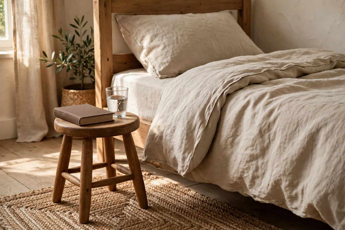 Small wooden stool beside a bed holding a book and a glass of water