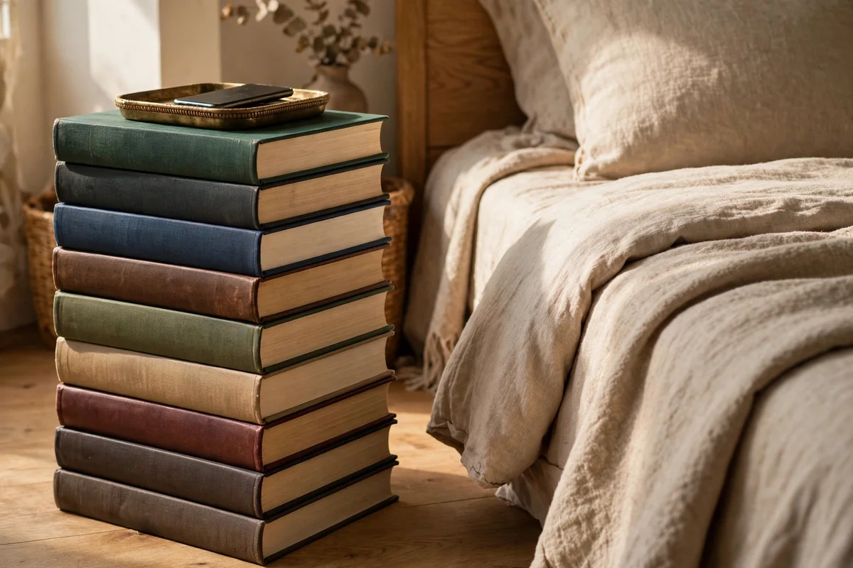 Stack of hardback books beside a bed used as a low bedside platform