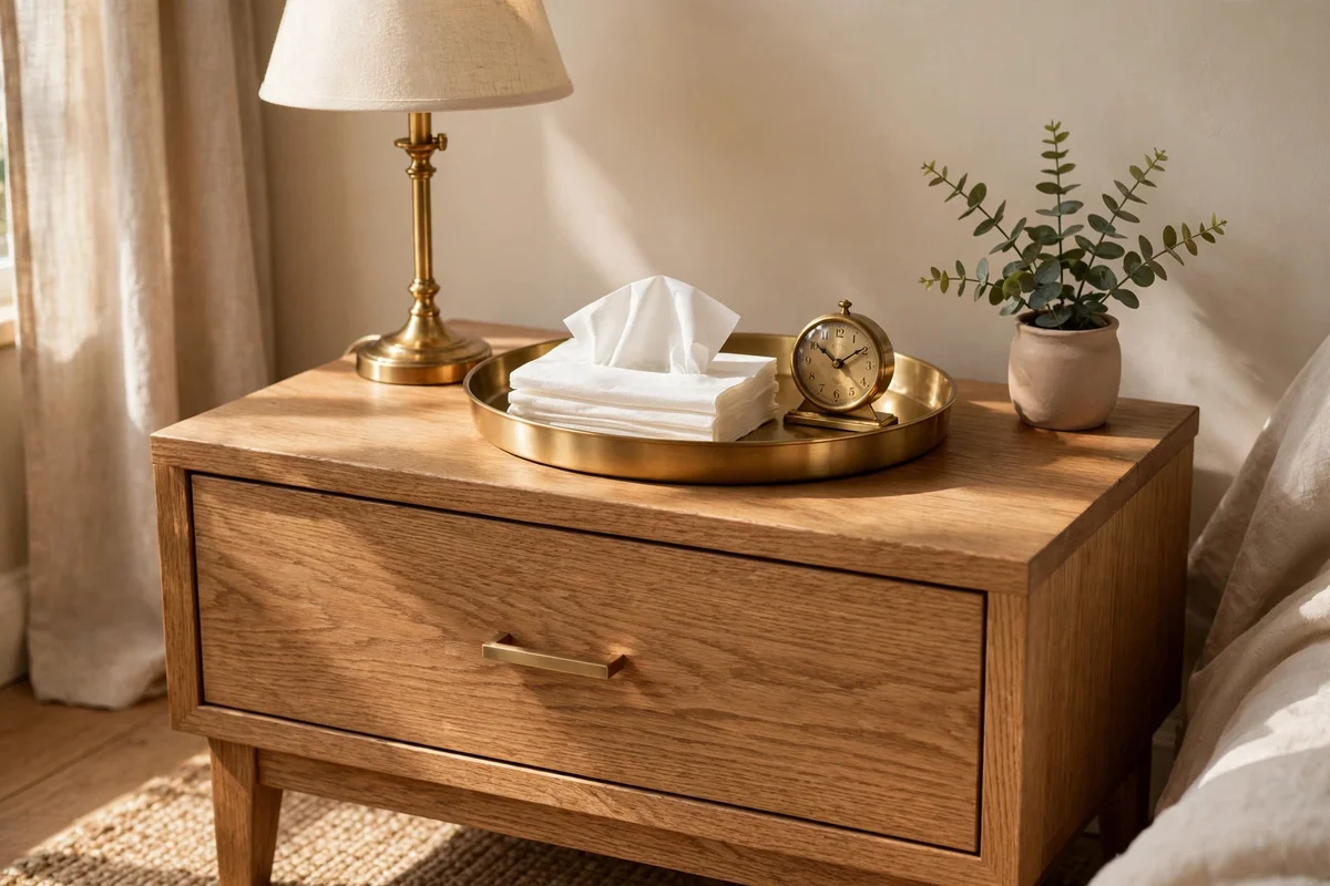 Nightstand with a central brass tray holding shared bedside items