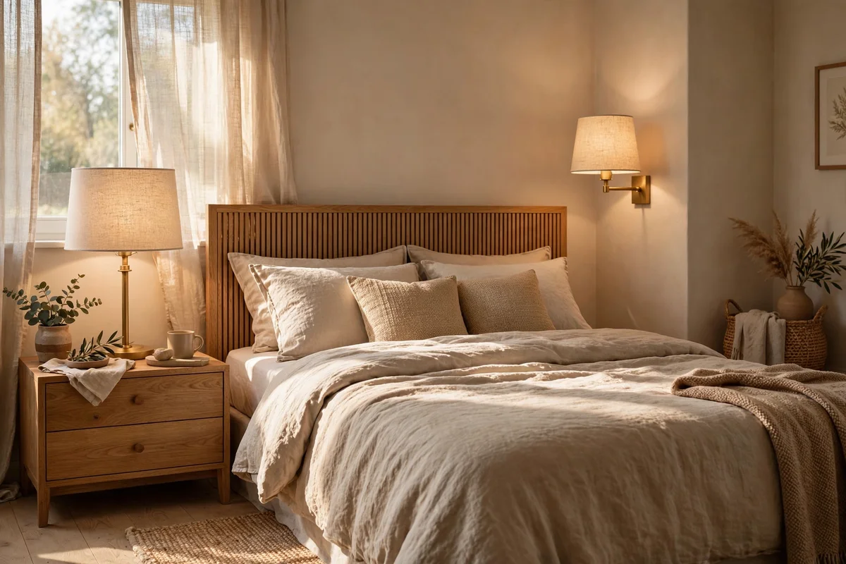 Matching bedside lamps on both sides of a bed, one table and one wall lamp