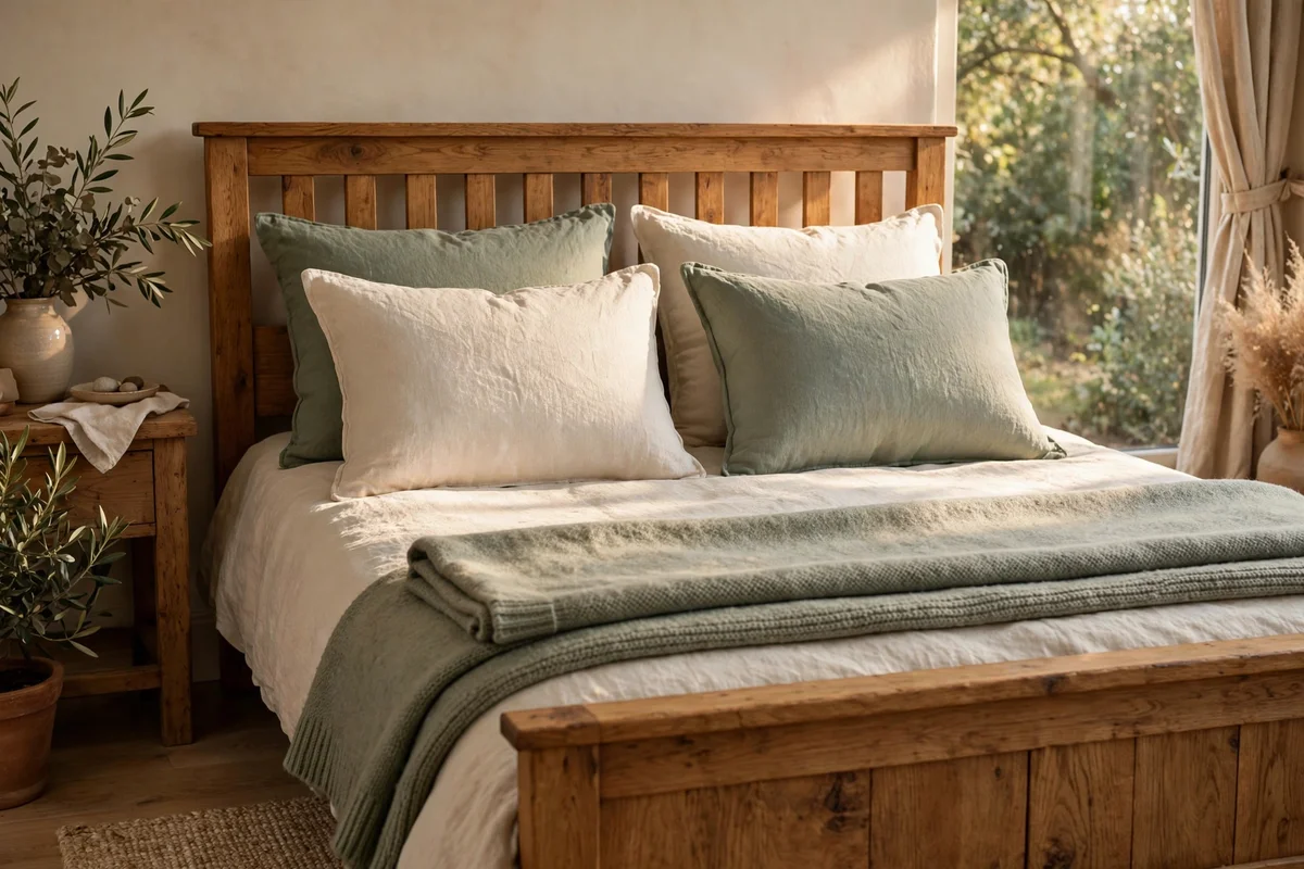 Bed with mirrored pairs of linen cushions and a folded throw
