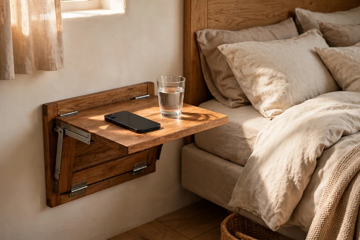 Fold-down wall shelf beside a bed holding a phone and water glass