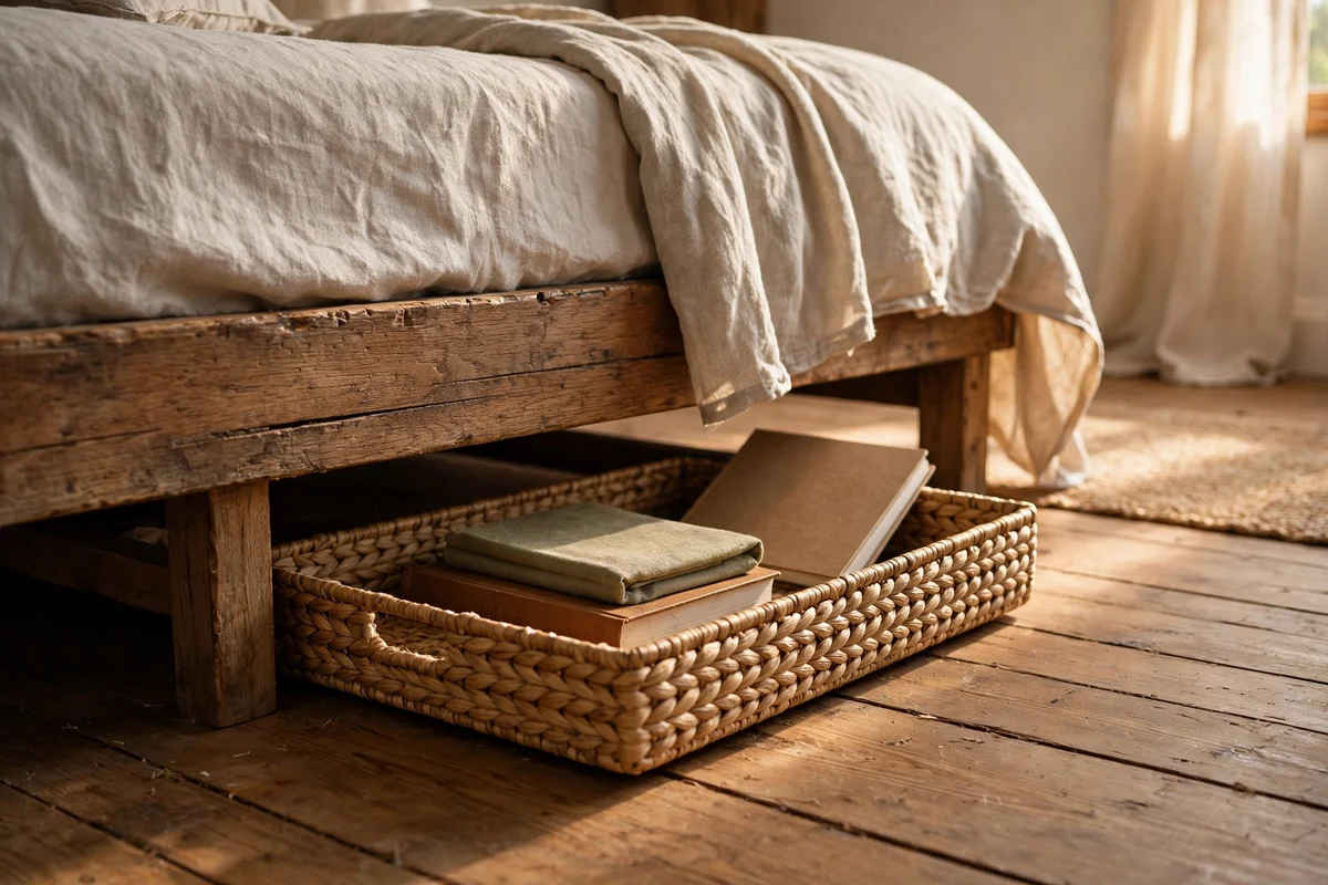 Seagrass basket under a bed holding books within arm's reach