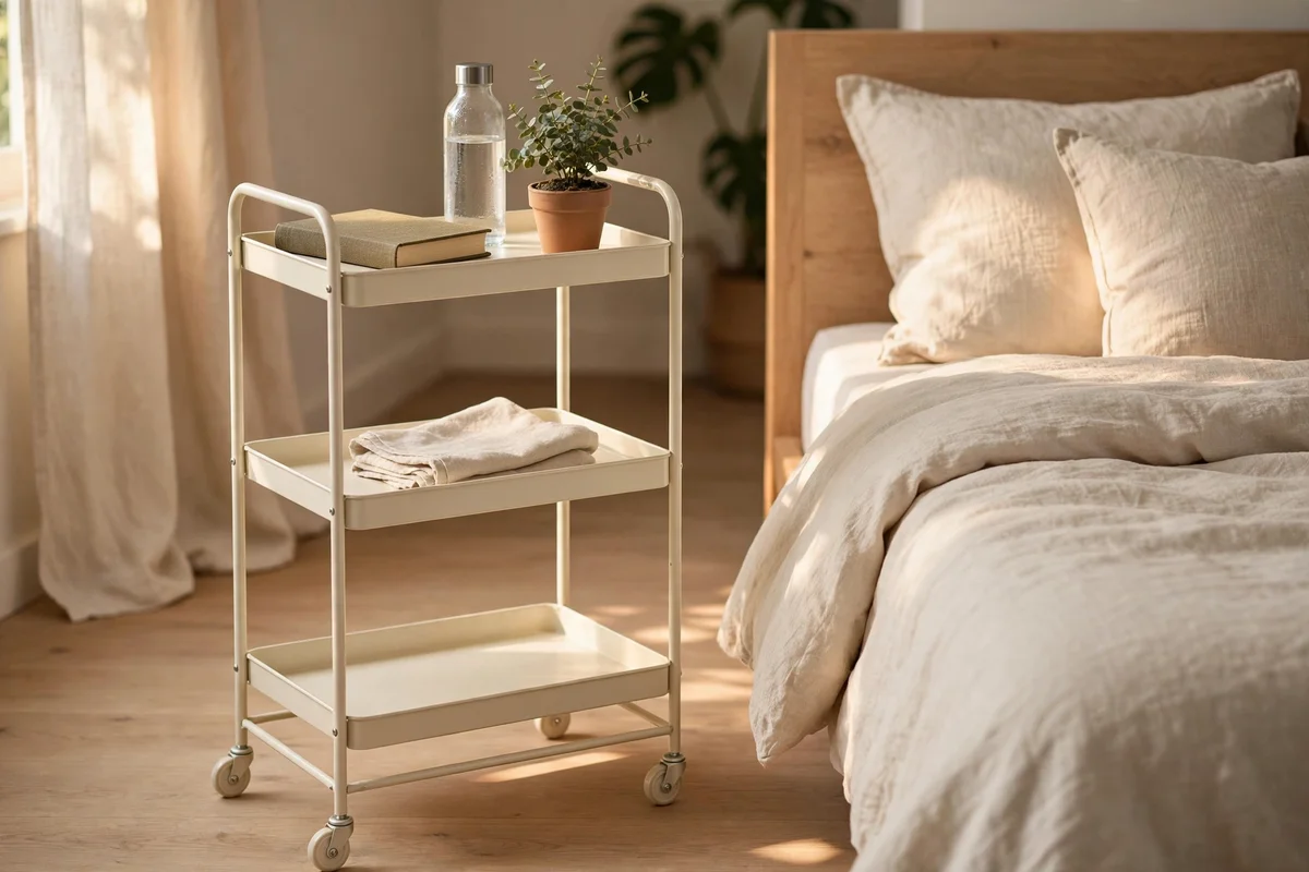 Slim three-tier rolling cart tucked beside a bed
