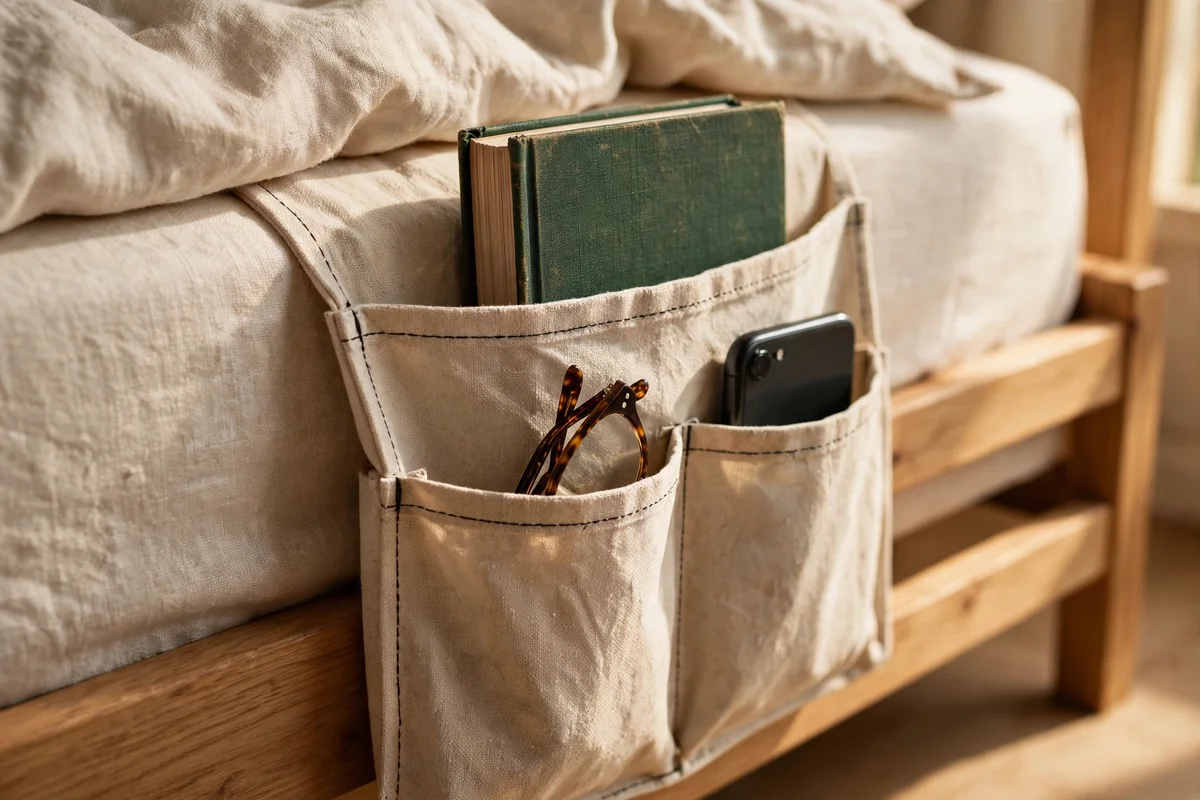 Canvas bedside caddy hanging from a mattress edge with pockets full