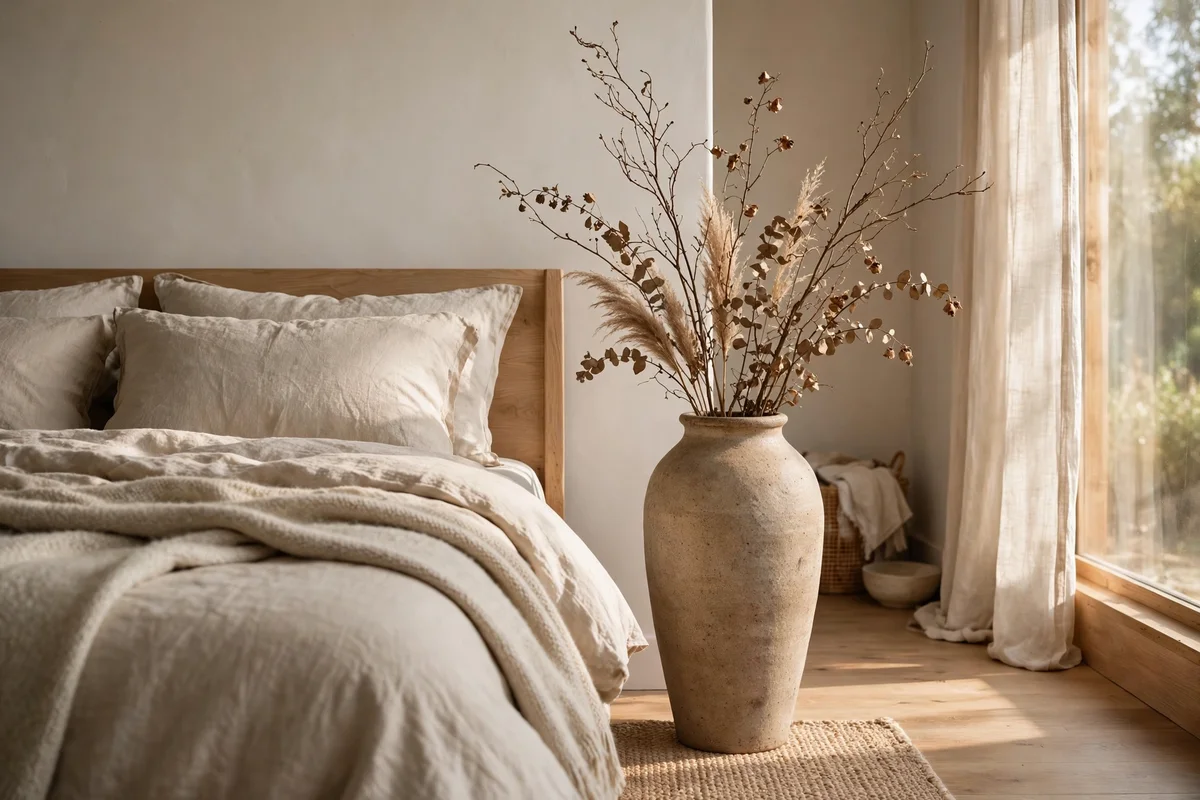 Tall stoneware vase with dried branches beside a bed