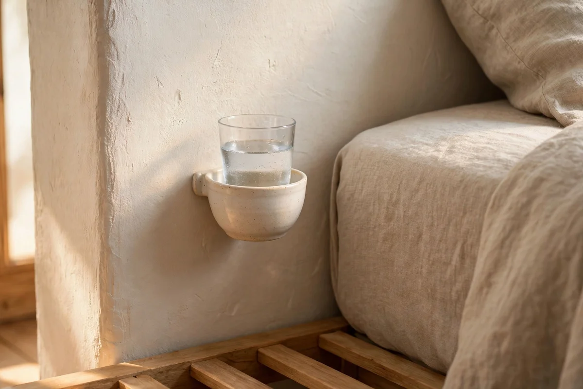 Wall-mounted ceramic cup holder with a glass of water beside a bed