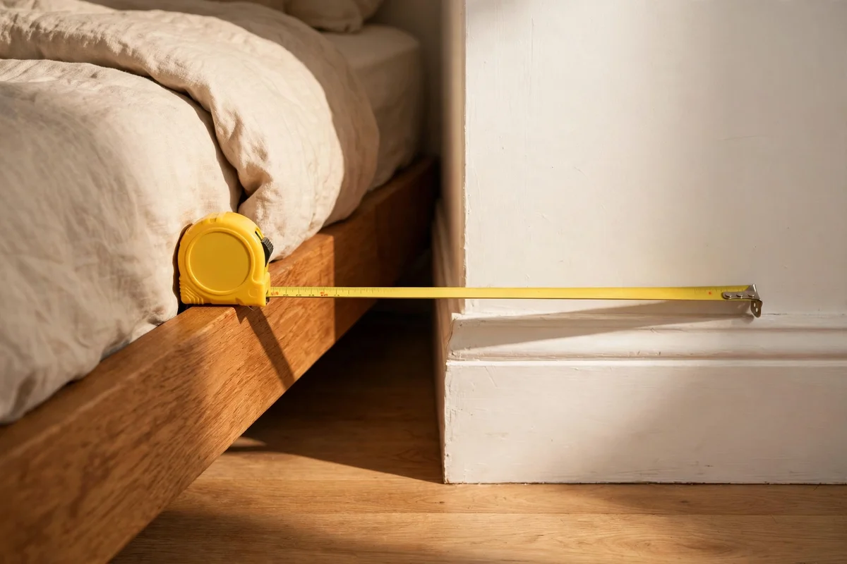 Tape measure across the narrow gap between a bed and a wall