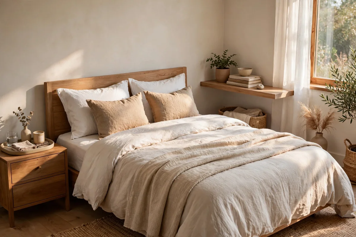 Bed showing organised bedside zones for two sleepers on both sides
