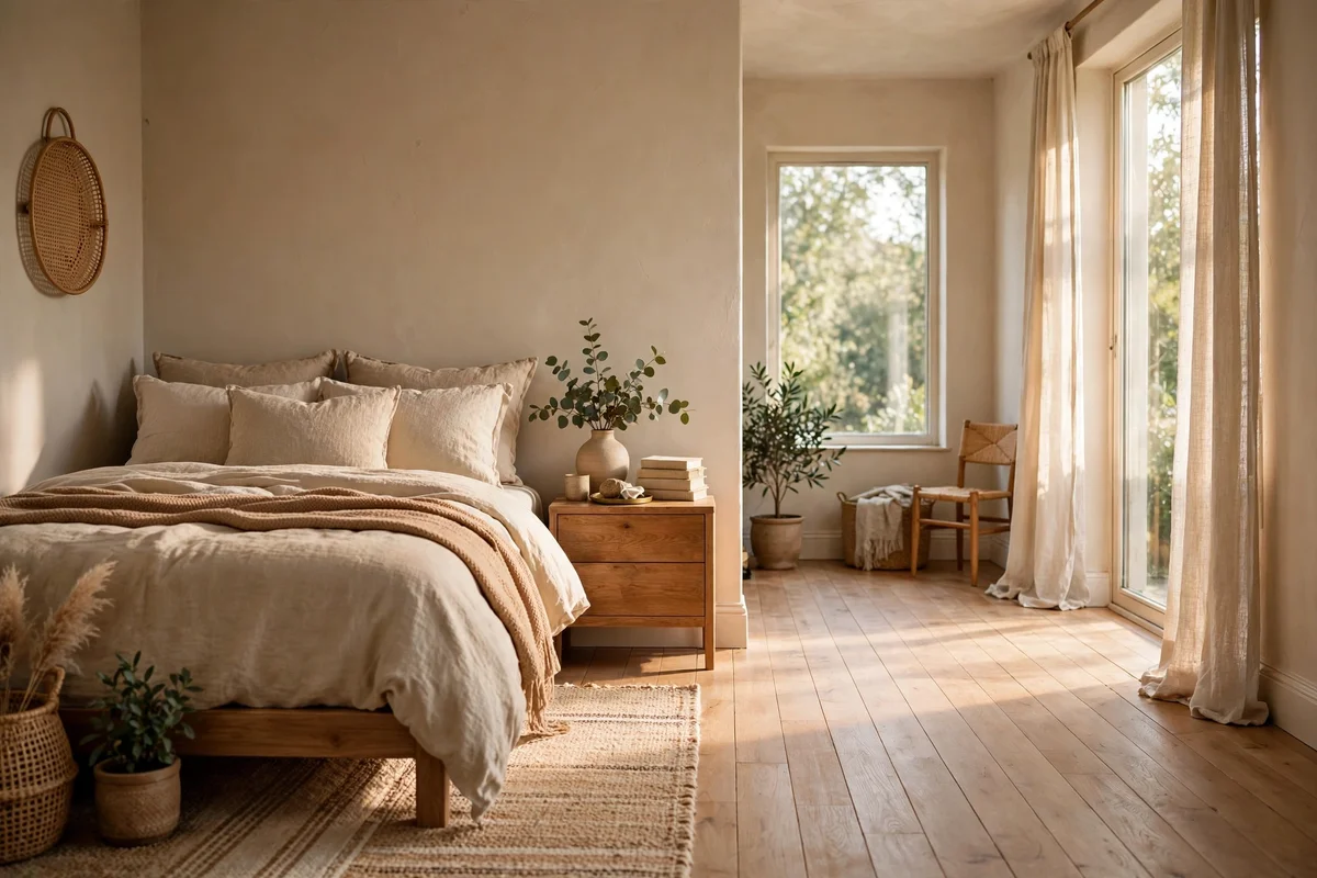 Bed positioned to leave a clear walkway on one side