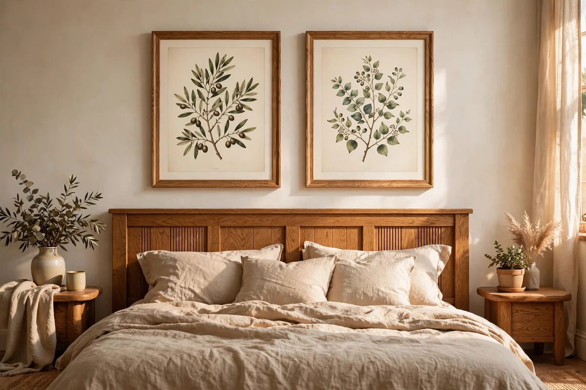 Two matching framed prints hung above a bedhead