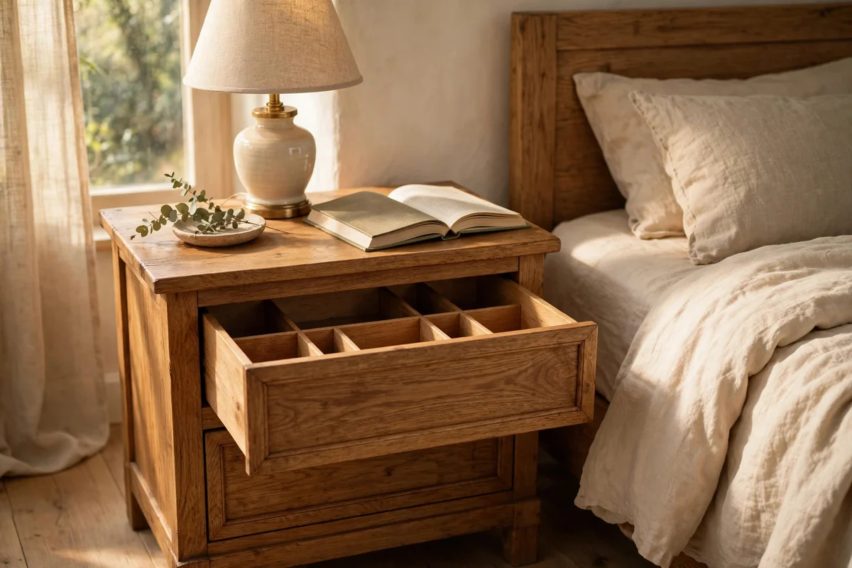 Wooden nightstand with two drawers beside a bed