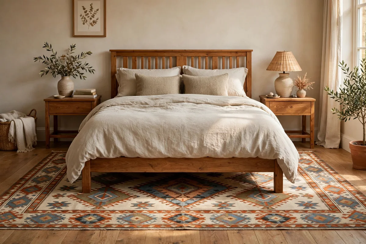 Patterned flatweave rug centred under a bed extending on both sides