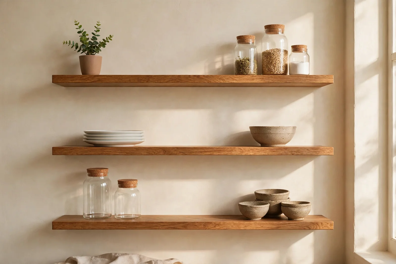 Cream kitchen wall with three oak open shelves styled with white plates, stoneware bowls and plain glass jars