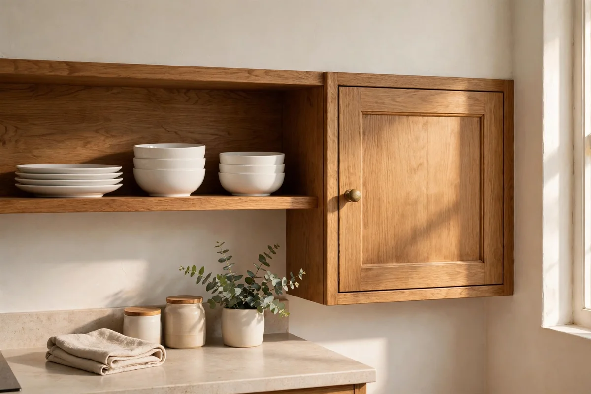 Daily plates stacked neatly on an open shelf with occasion ware stored in a cupboard