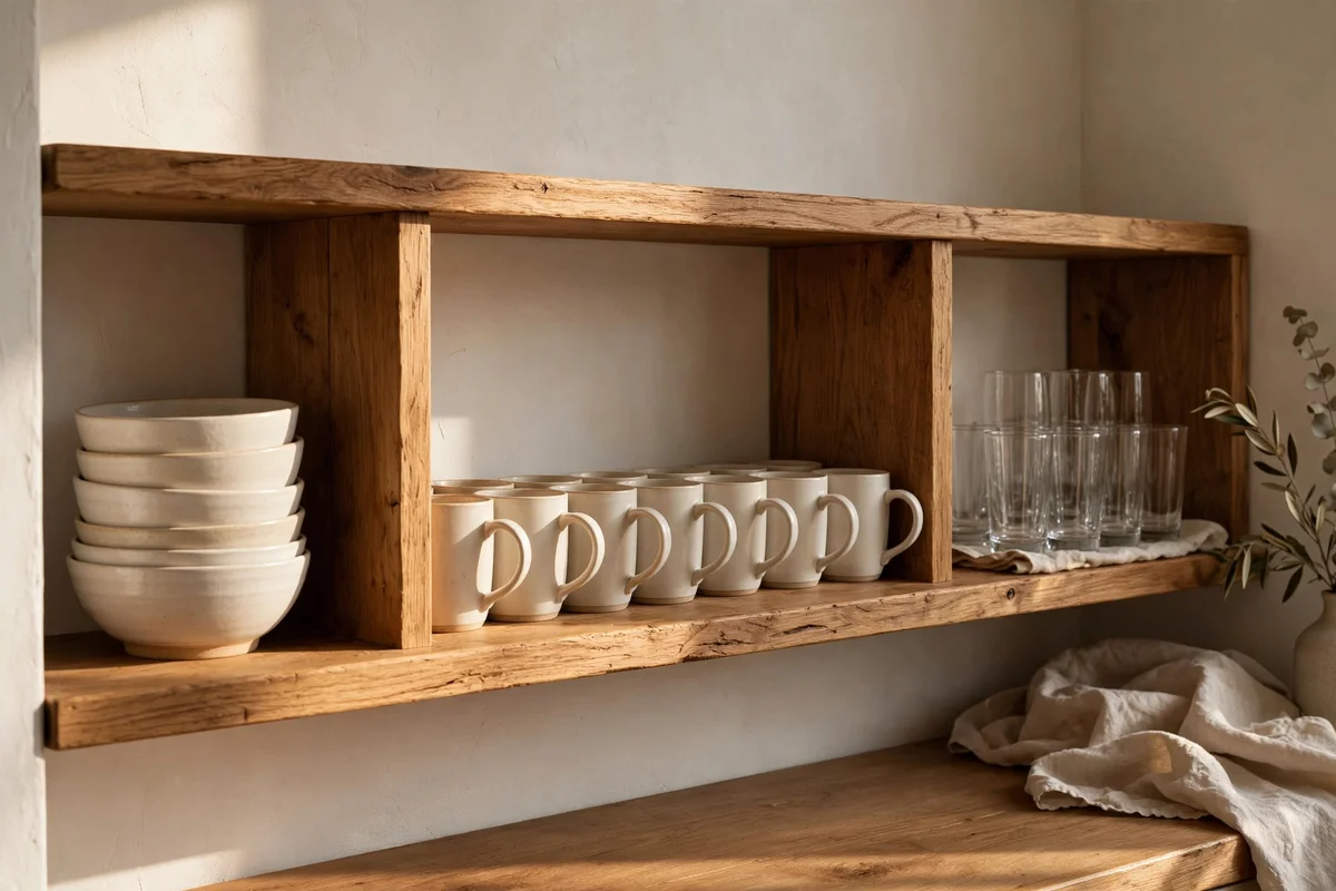 Bowls, mugs and glasses grouped by type on an open kitchen shelf