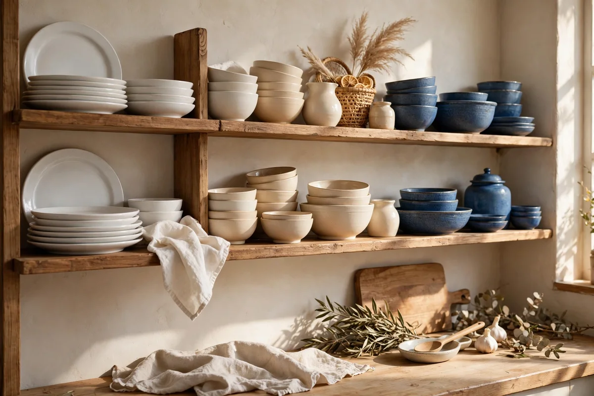 Shelves arranged in a colour gradient from white to cream to stoneware blue