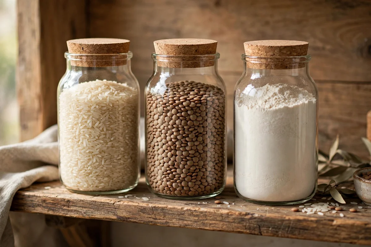 Plain glass jars of rice, lentils and flour with cork lids on a shelf