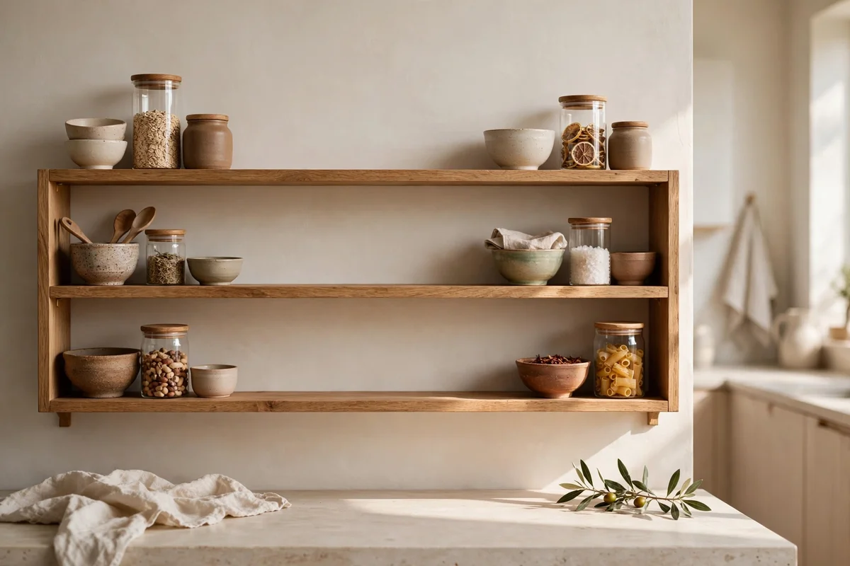 An open shelf with a third deliberately left empty as negative space