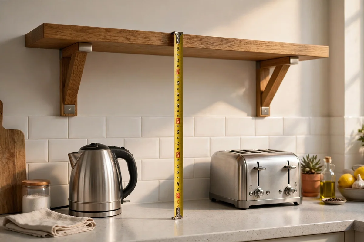 An oak shelf mounted 45 to 50 cm above a kitchen worktop with a tape measure