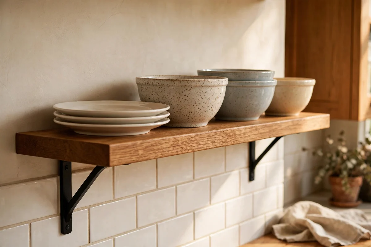 A deep 28 to 30 cm shelf holding dinner plates fully on the board