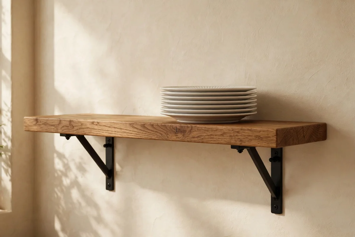 Shelf brackets spaced 80 to 100 cm apart on a cream wall