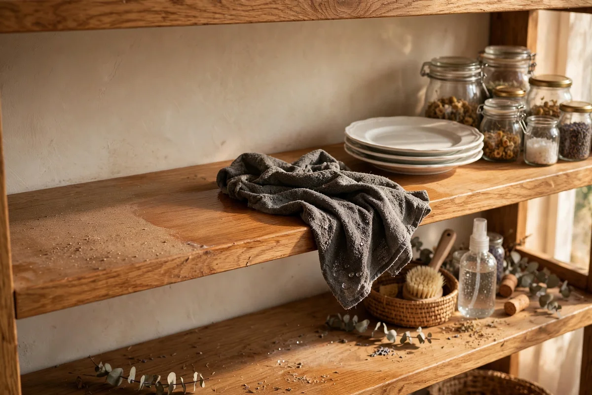 A wooden shelf being wiped with a damp microfibre cloth for weekly dust care
