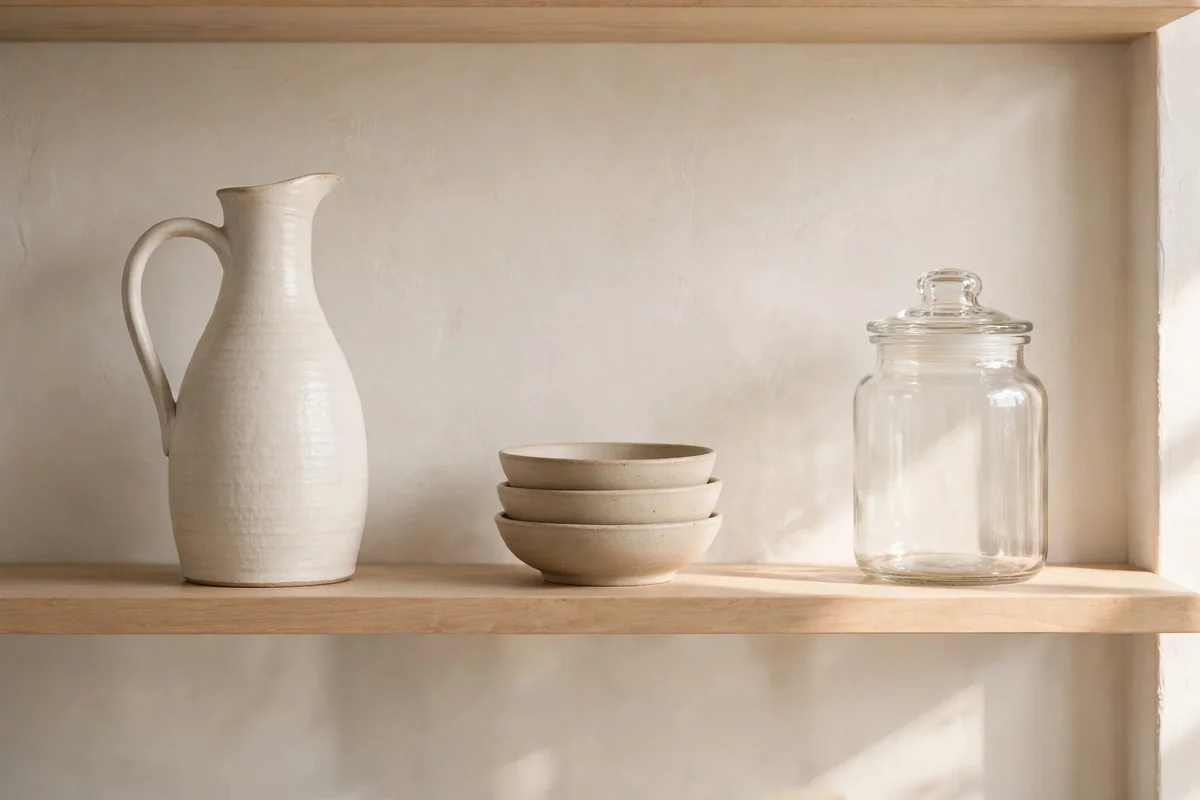 A lightly styled top shelf with a tall pitcher and wide breathing room