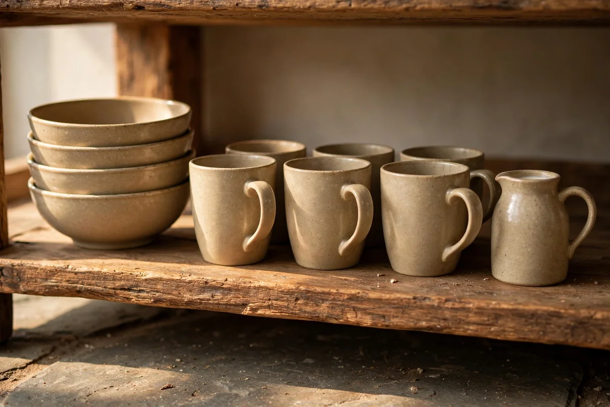 A lowest shelf with stacked breakfast bowls and a row of matching mugs