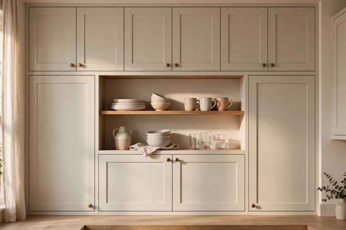 Two open shelves with the rest of the kitchen behind closed cupboards