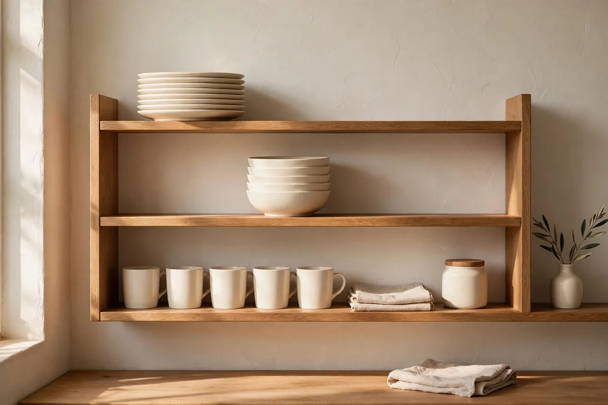 A fully matching plain cream crockery set on an open shelf