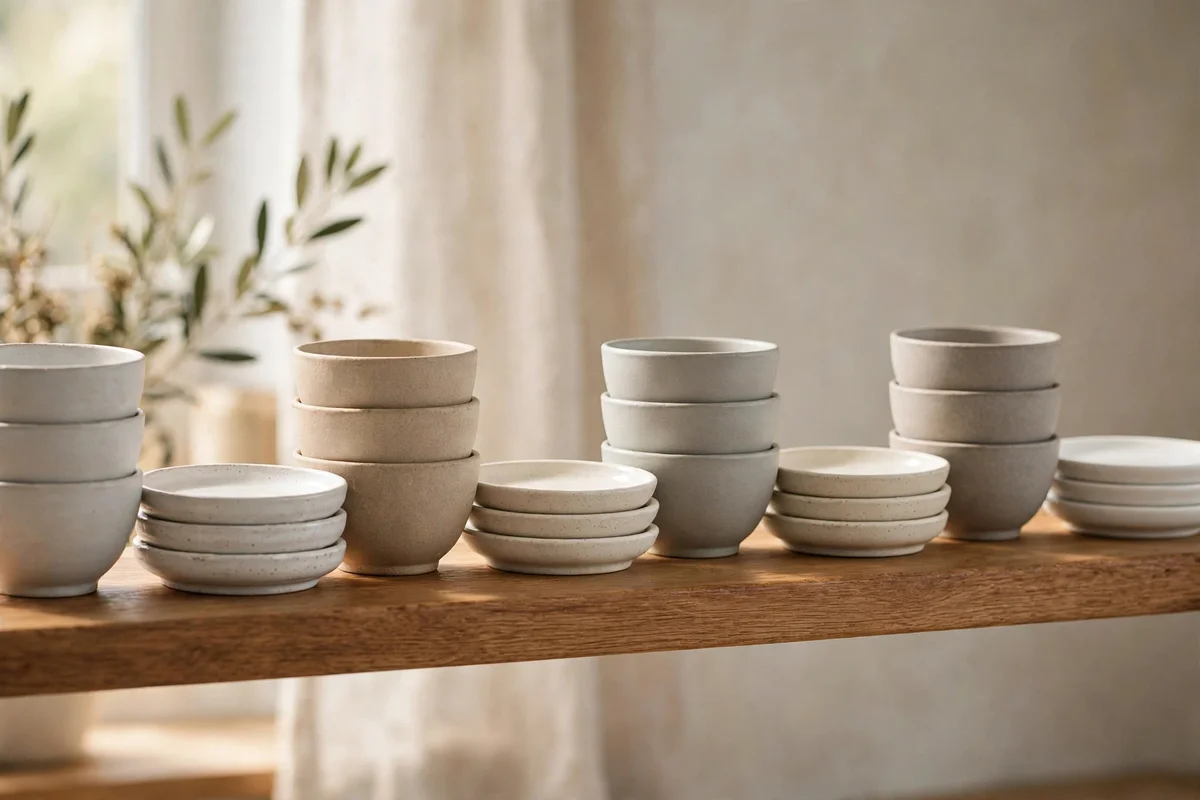 Short stacks of four plates and four bowls evenly spaced on a shelf
