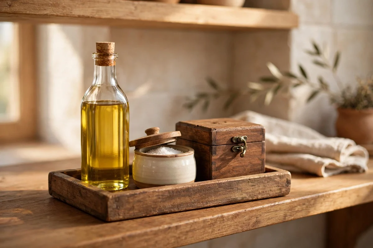 A wooden tray grouping oil, salt and tea on a shelf