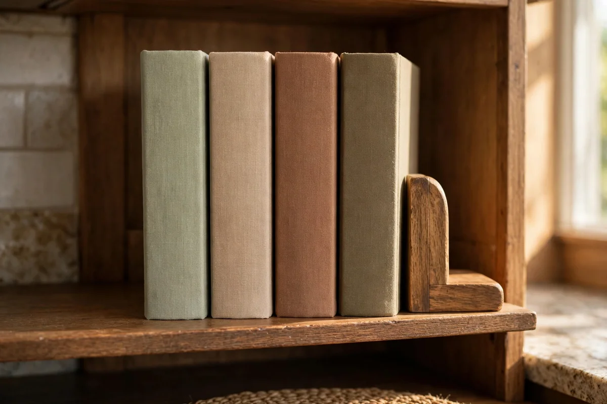 A short row of cookbooks with a wooden bookend on the lowest shelf