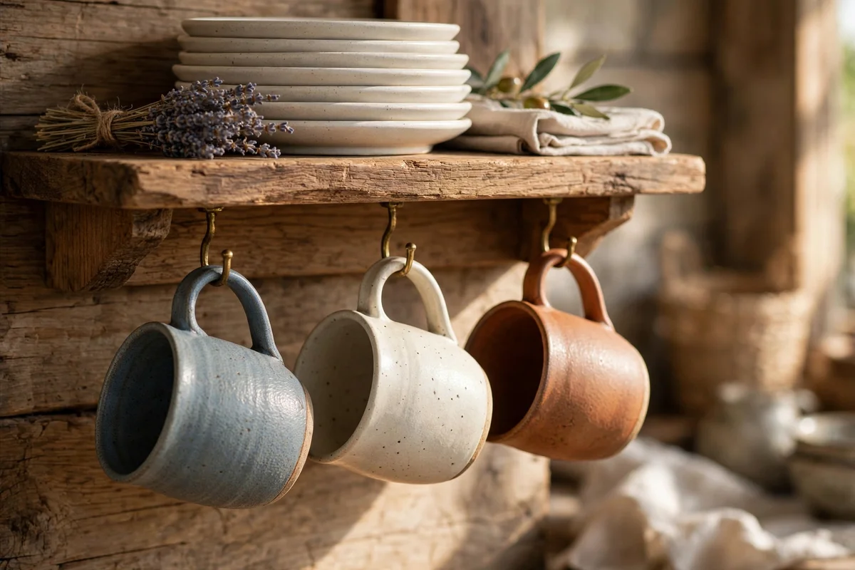 Three mugs hanging from hooks under a wooden shelf