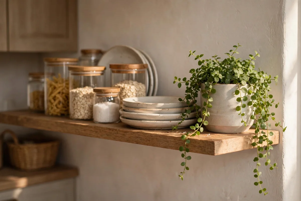 A small trailing plant in a ceramic pot at the end of a middle shelf