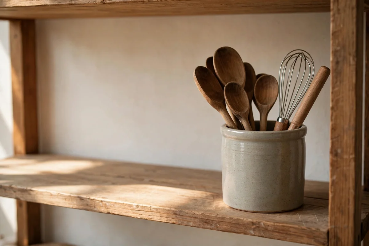 One stoneware crock of wooden spoons at the end of the lowest shelf