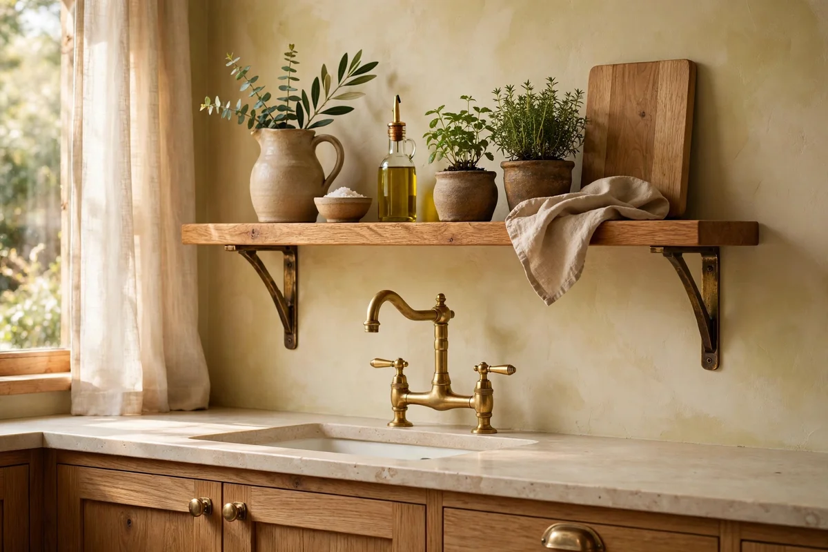 Brass shelf brackets matching the kitchen tap and cabinet pulls