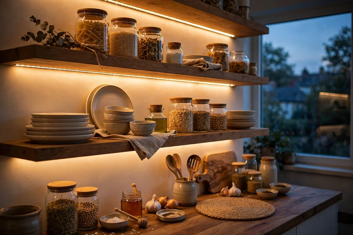 Open shelves glowing under a warm 2700K light strip at dusk