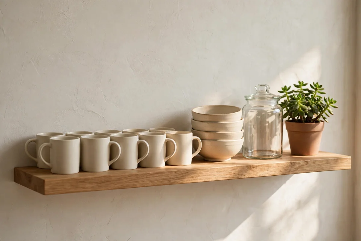 A one shelf starter setup with mugs, bowls, one jar and a plant