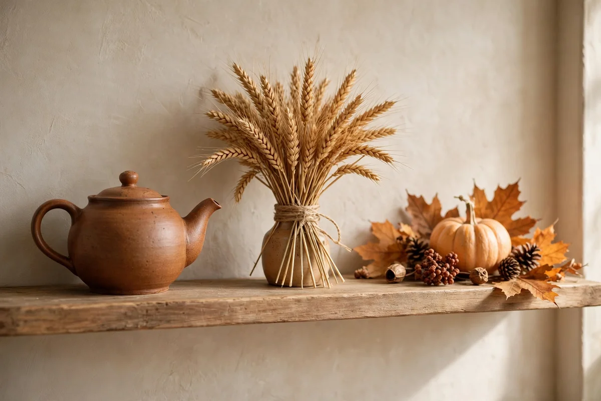 A top shelf with a stoneware teapot and dried wheat for autumn