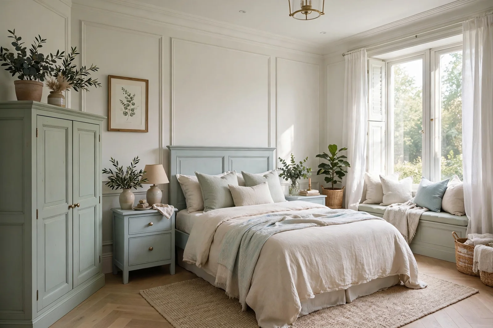 Wide view of a beautiful serene bedroom with painted furniture in soft natural light