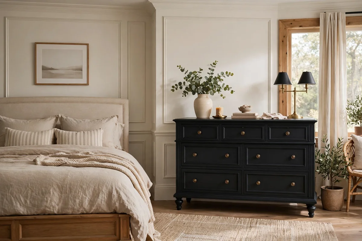 Bedroom with a classic matte black painted dresser, elegant modern traditional mix