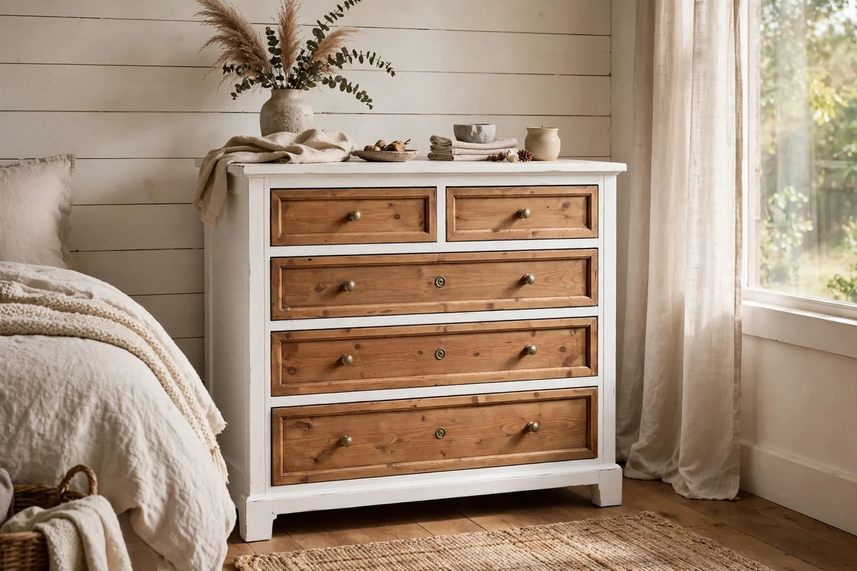 Bedroom dresser painted crisp white with natural wooden drawer fronts kept, rustic