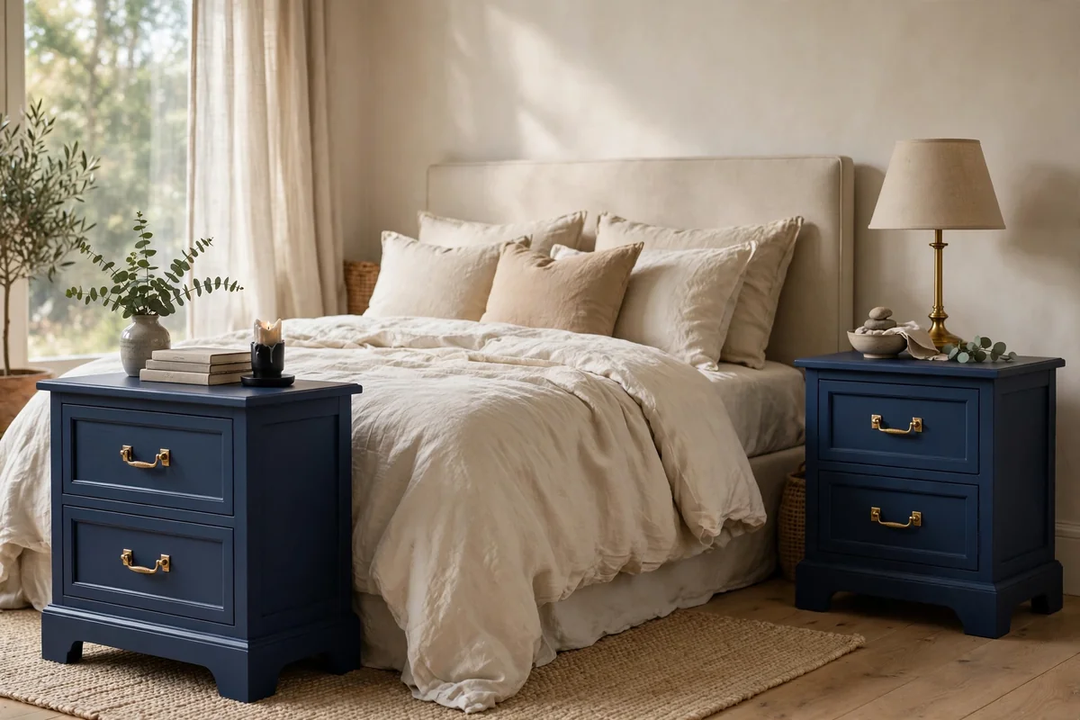 Pair of nightstands painted deep navy blue beside a bed with brass handles