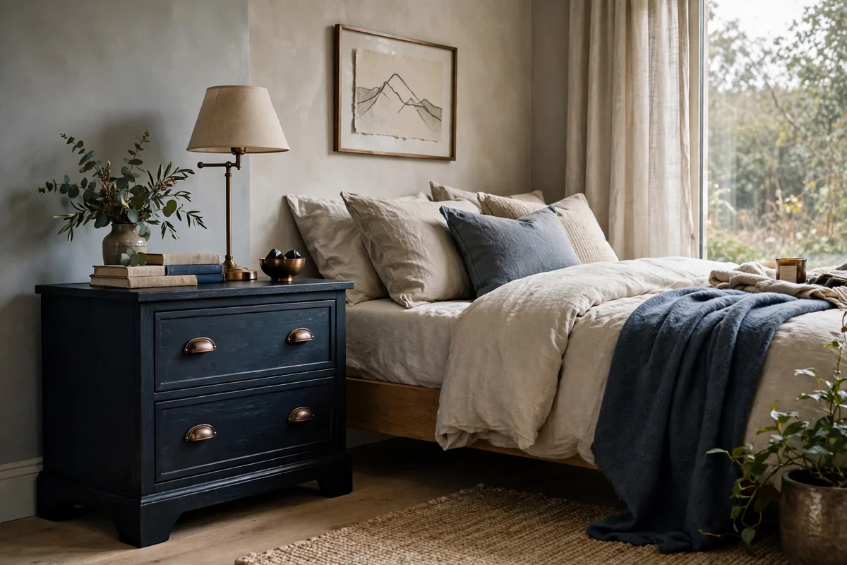 Bedroom with moody almost-black blue painted nightstand and bronze accents